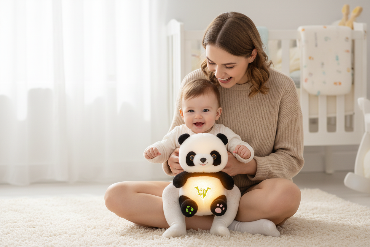 petit ourson blanc et noir et Maman bébé heureux panda lumineux