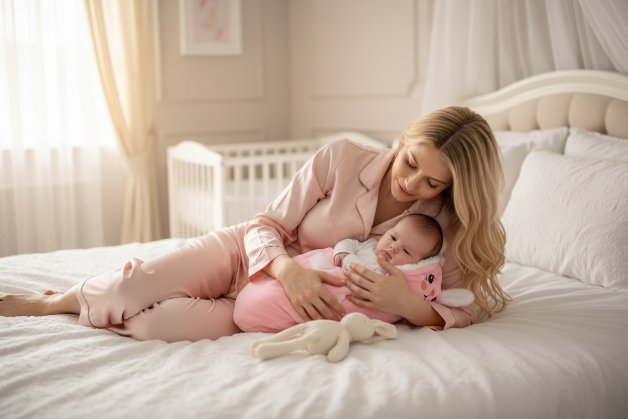 Maman bébé nid d'ange rose lapin