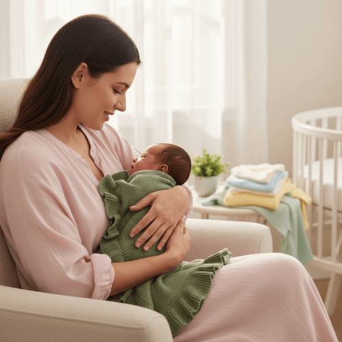 Couverture Chaude Bébé Douceur Angélique - Écologique
Maman berçant bébé avec couverture kaki à volants