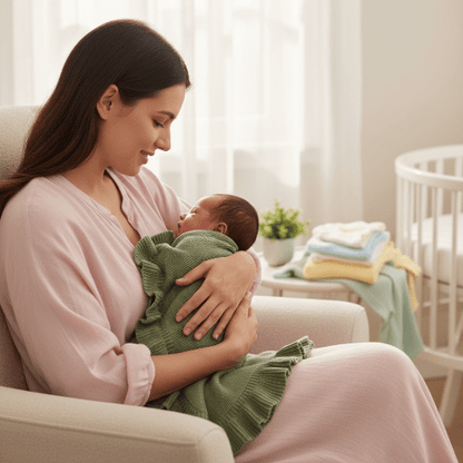 Couverture Chaude Bébé Douceur Angélique - Écologique
Maman berçant bébé avec couverture kaki à volants