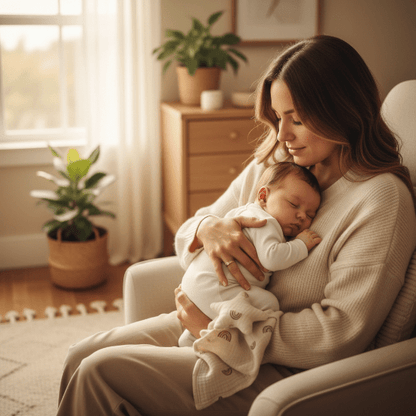 Doudou Bébé Câlin Doux Complice - Peluche Réconfortante
Maman berçant bébé avec doudou étoile beige