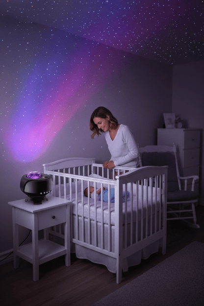 veilleuse aurore boreale bebe et sa Maman berceau projecteur galaxie