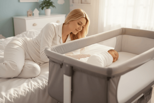 cododo lit et Maman blonde allongée avec bébé dans cododo