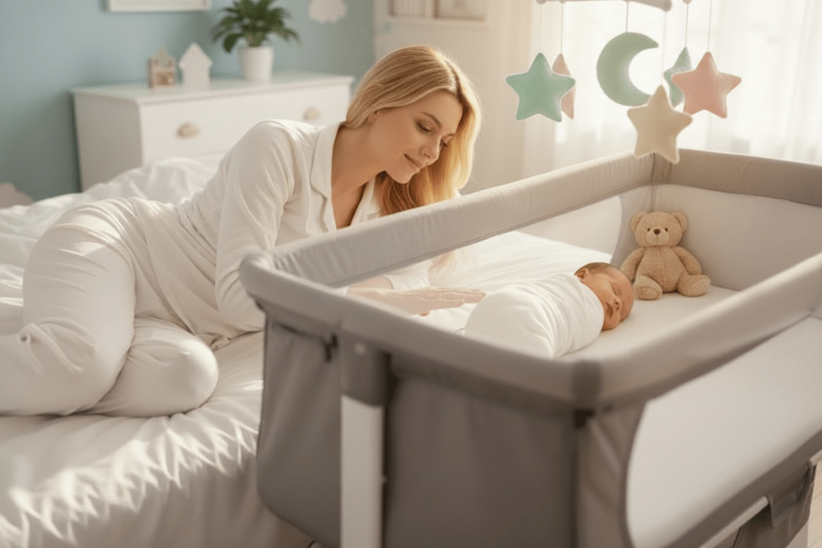 cododo lit et Maman blonde avec mobile bébé et doudou vue large