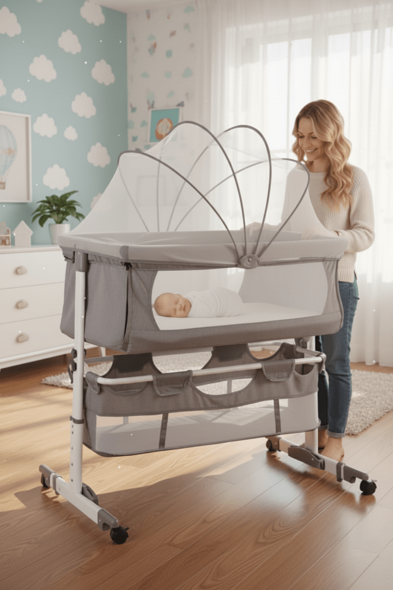 cododo lit et Maman blonde debout regardant bébé dans cododo