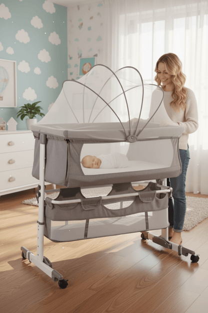 cododo lit et Maman blonde debout regardant bébé dans cododo