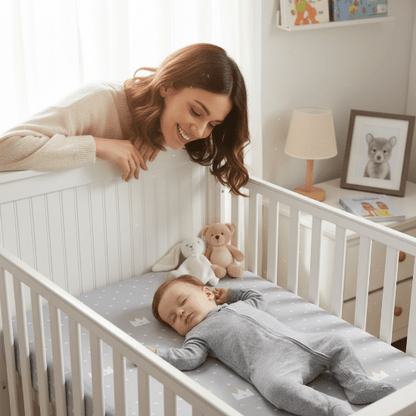 Drap housse lit bébé et Maman brune doudous – drap couronnes gris