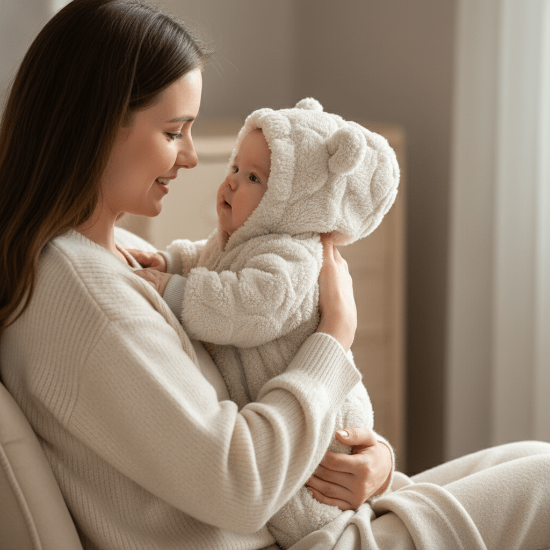 Pyjama Polaire Bébé Moelleux - Confort Optimal
Maman câlinant bébé en blanc