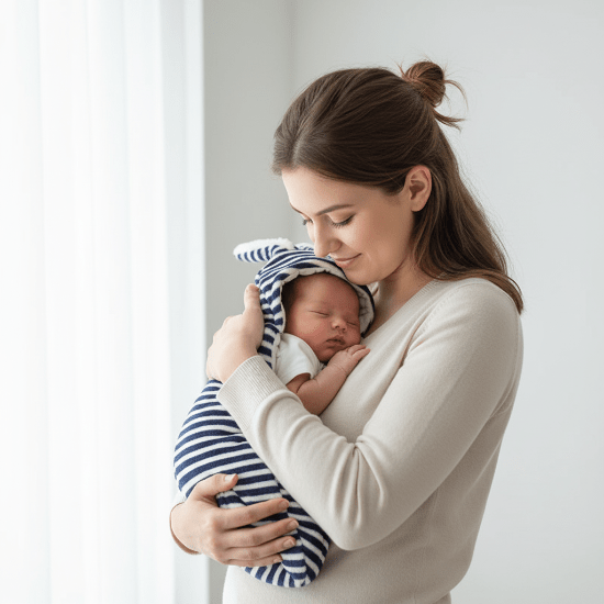 nid d'ange bébé
Maman câlinant bébé nid ange rayé bleu blanc