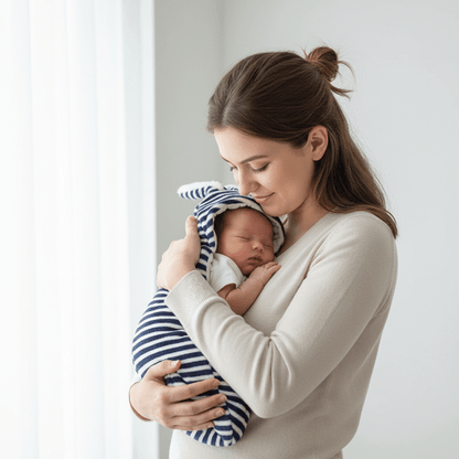 nid d'ange bébé
Maman câlinant bébé nid ange rayé bleu blanc