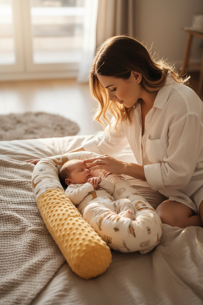 contour de lit de bébé avec Maman caresse bébé endormi dans réducteur lama
