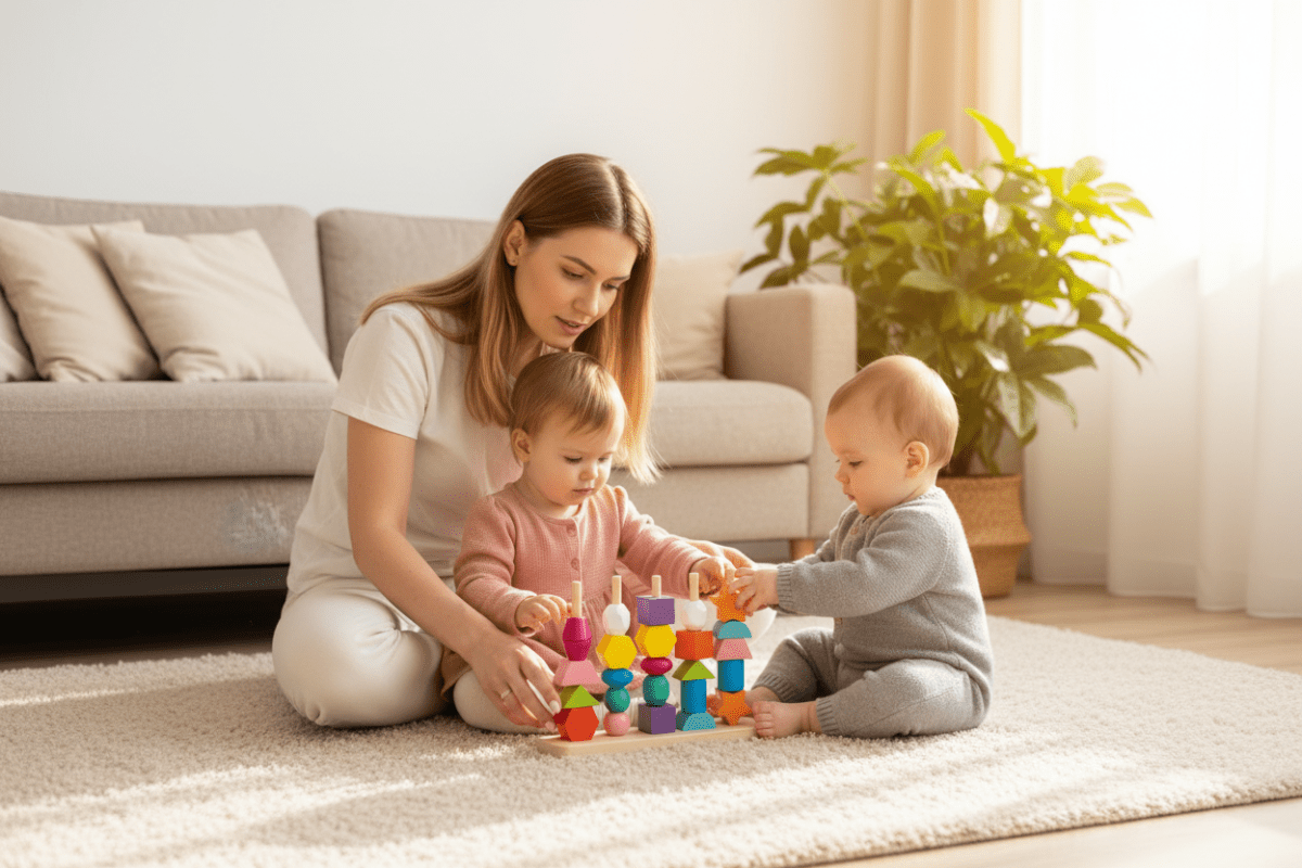 jouet montessori 1 an Maman deux enfants rose bleu jouent salon scandinave