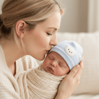 cocon emmaillotage Maman embrasse bébé bonnet bleu