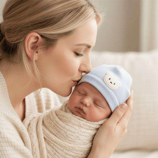 cocon emmaillotage Maman embrasse bébé bonnet bleu