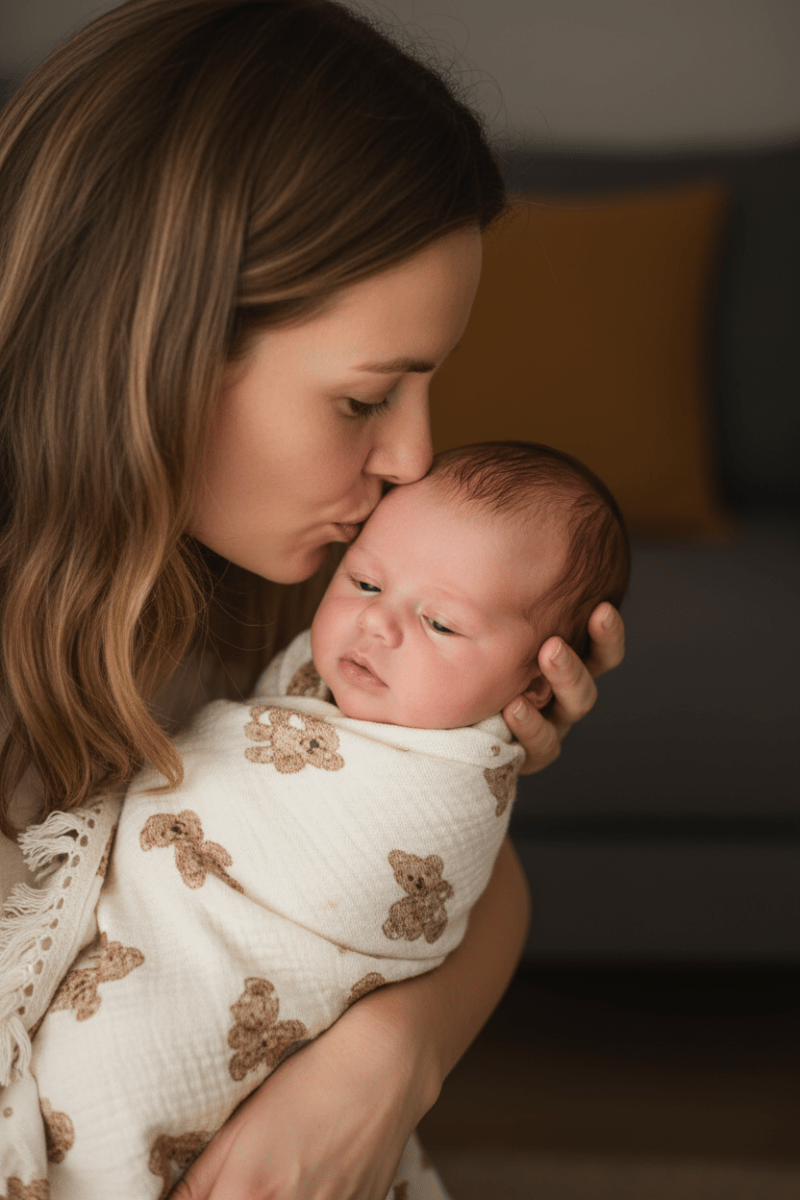 cocon emmaillotage et Maman embrasse bébé couverture ourson portrait
