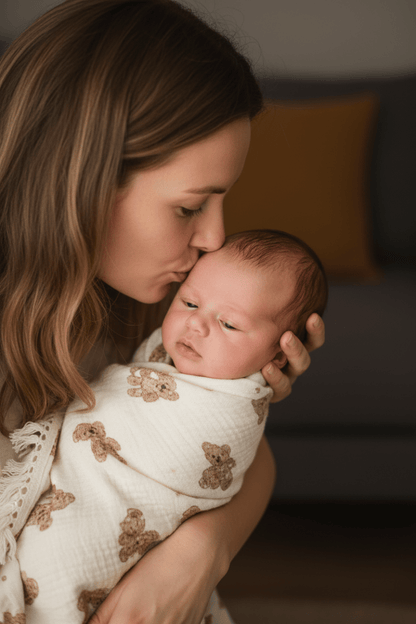 cocon emmaillotage et Maman embrasse bébé couverture ourson portrait