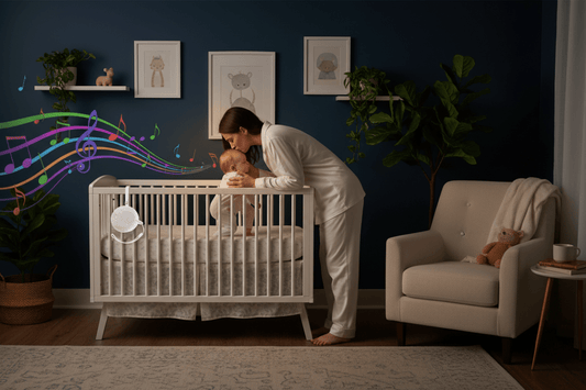 veilleuse bébé bruit blanc et Maman embrasse bébé lit chambre complète soir
