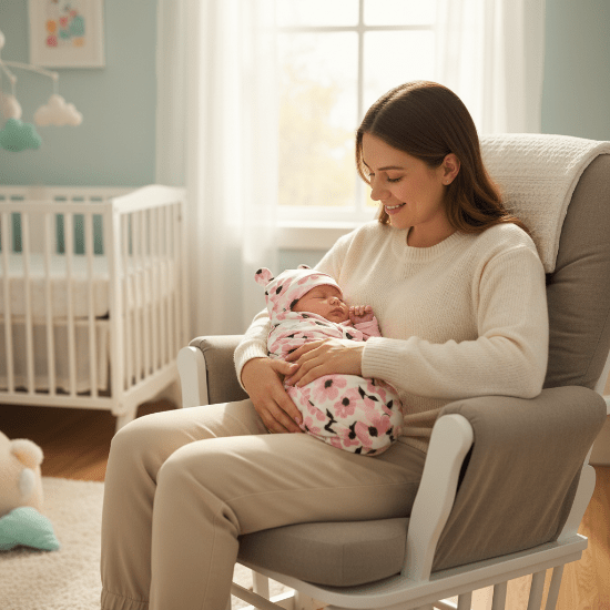 Couverture Emmaillotage Cocon Comfo - Confort & Sécurité
Maman en fauteuil avec bébé emmailloté rose