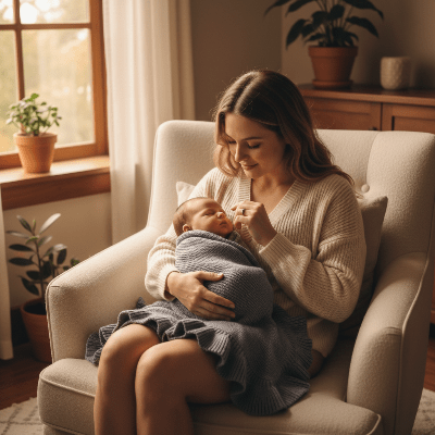 Couverture Chaude Bébé Douceur Angélique - Écologique
Maman en fauteuil avec bébé et couverture grise