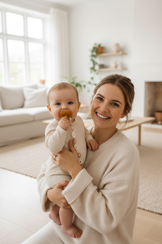 attache sucette bebe
Maman et bébé avec attache-sucette