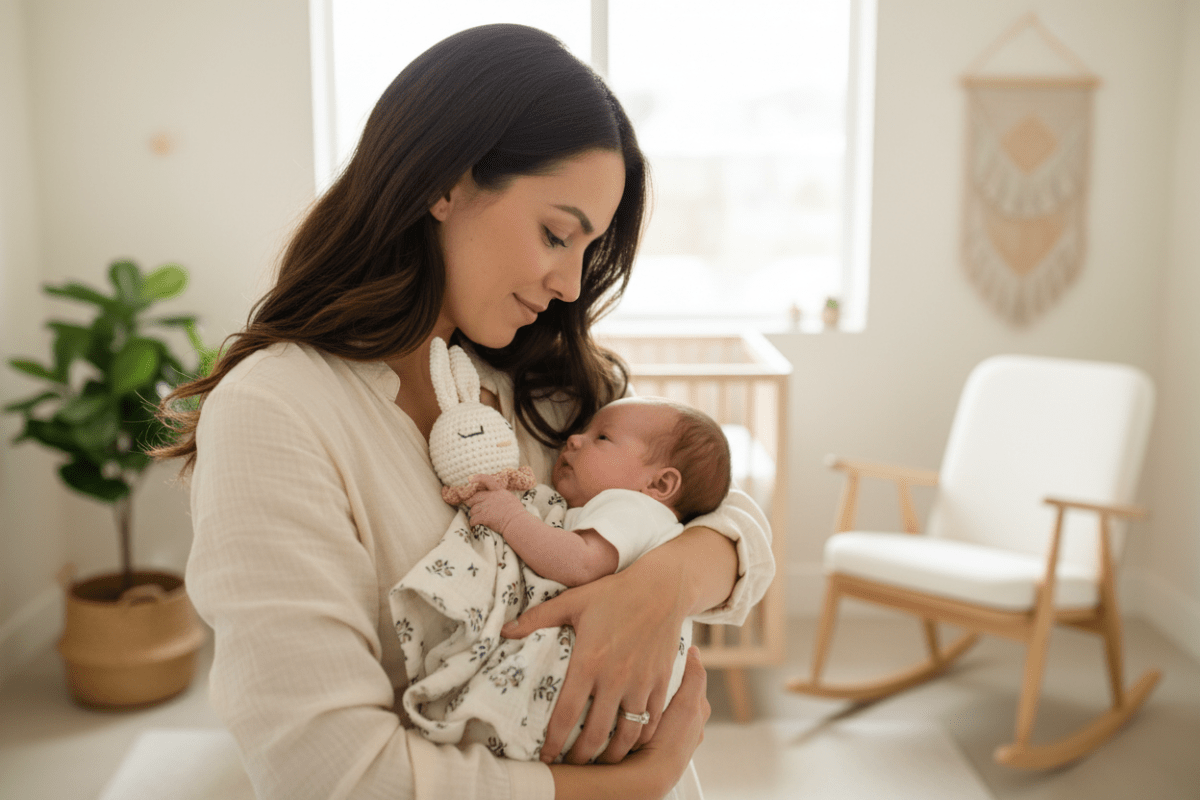 Maman et bébé avec doudou lapin fleuri