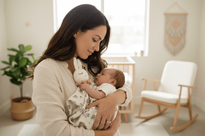 Maman et bébé avec doudou lapin fleuri