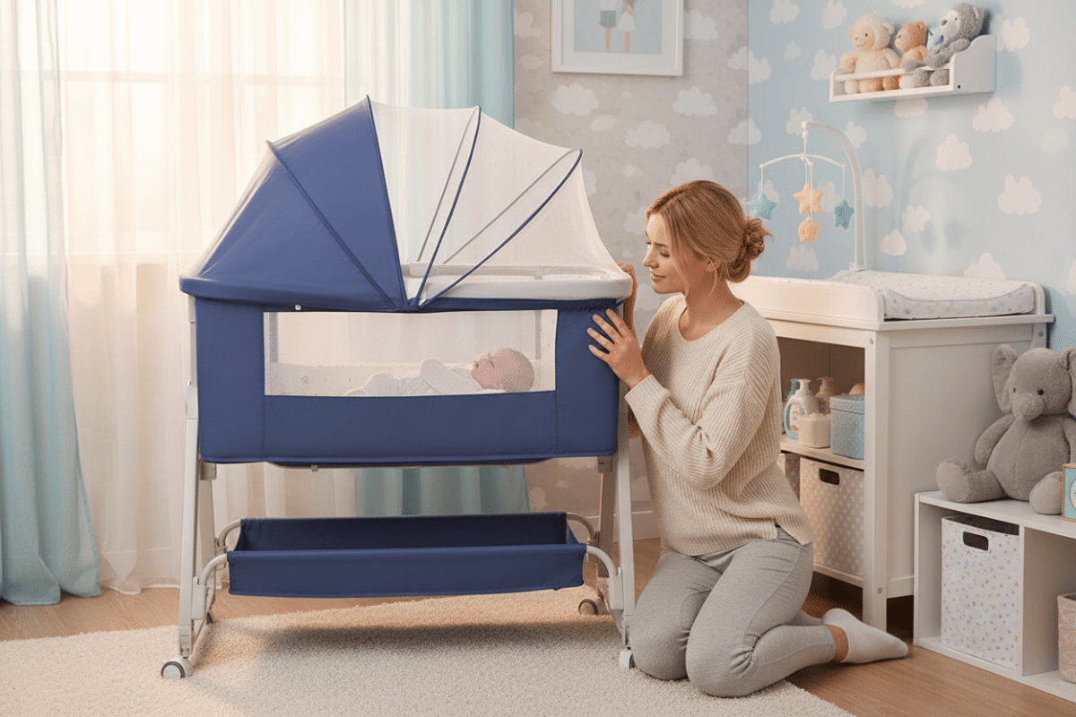 berceau 4 en 1 Maman et bébé berceau bleu chambre