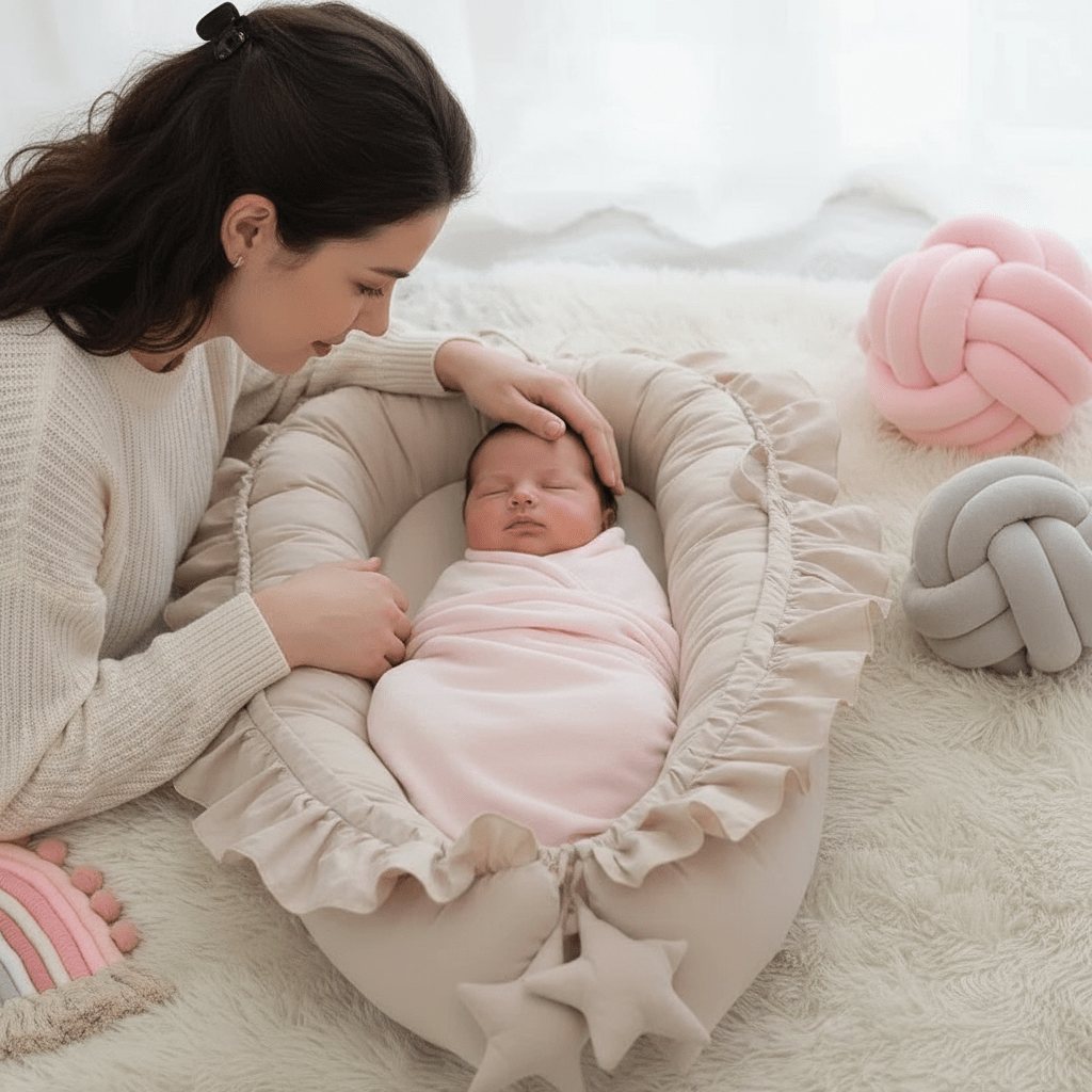 Maman et bébé dans le nid beige