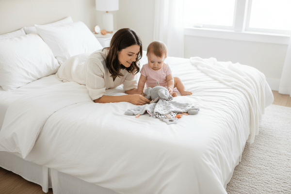 Maman et bébé jouant avec le doudou éléphant