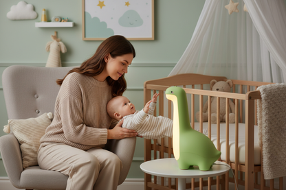 Maman et bébé près du berceau avec la veilleuse