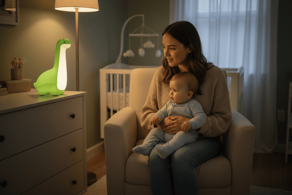 Maman et bébé regardant la veilleuse dinosaure