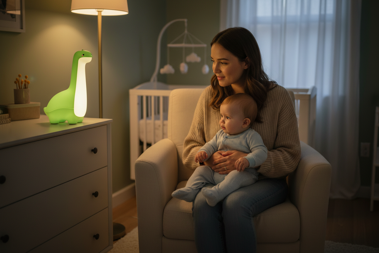 Maman et bébé regardant la veilleuse dinosaure