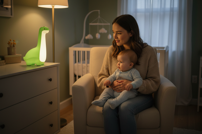 Maman et bébé regardant la veilleuse dinosaure