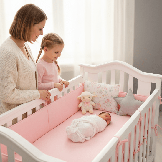 tour de lit bebe rose Maman et grande sœur avec bébé qui dort, toutou et coussins