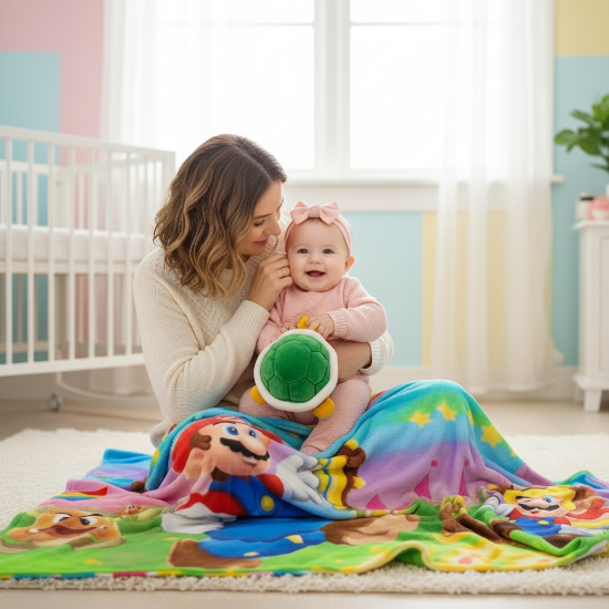 Couverture Bébé petit mario couleurs  arc en ciel Maman et petite fille bébé avec couverture Mario colorée