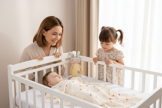 couverture pour emmailloter Maman et petite sœur debout près lit bébé emmailloté cœurs