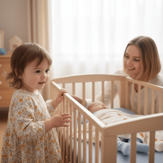 couverture pour emmailloter Maman et petite sœur regardant bébé emmailloté motif pêches