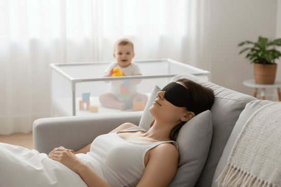 Masque de sommeil de Maman faisant une sieste avec bébé en sécurité dans le parc