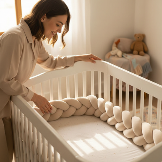 tresse de lit bébé
Maman installe le tour de lit crème