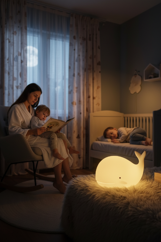 veilleuse bebe Maman lit une histoire avec veilleuse baleine