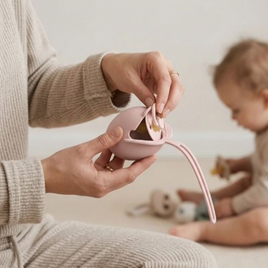 Maman ouvre boîte tétine rose