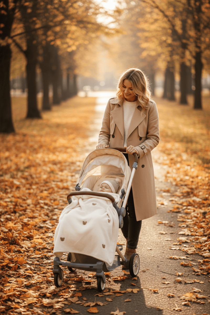 Maman promenade poussette couverture ourson automne