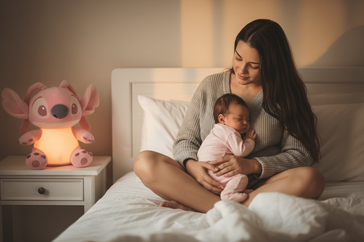 peluche loutre qui respire
rose lumiere et sa Maman pull gris bébé endormi Angel rose table