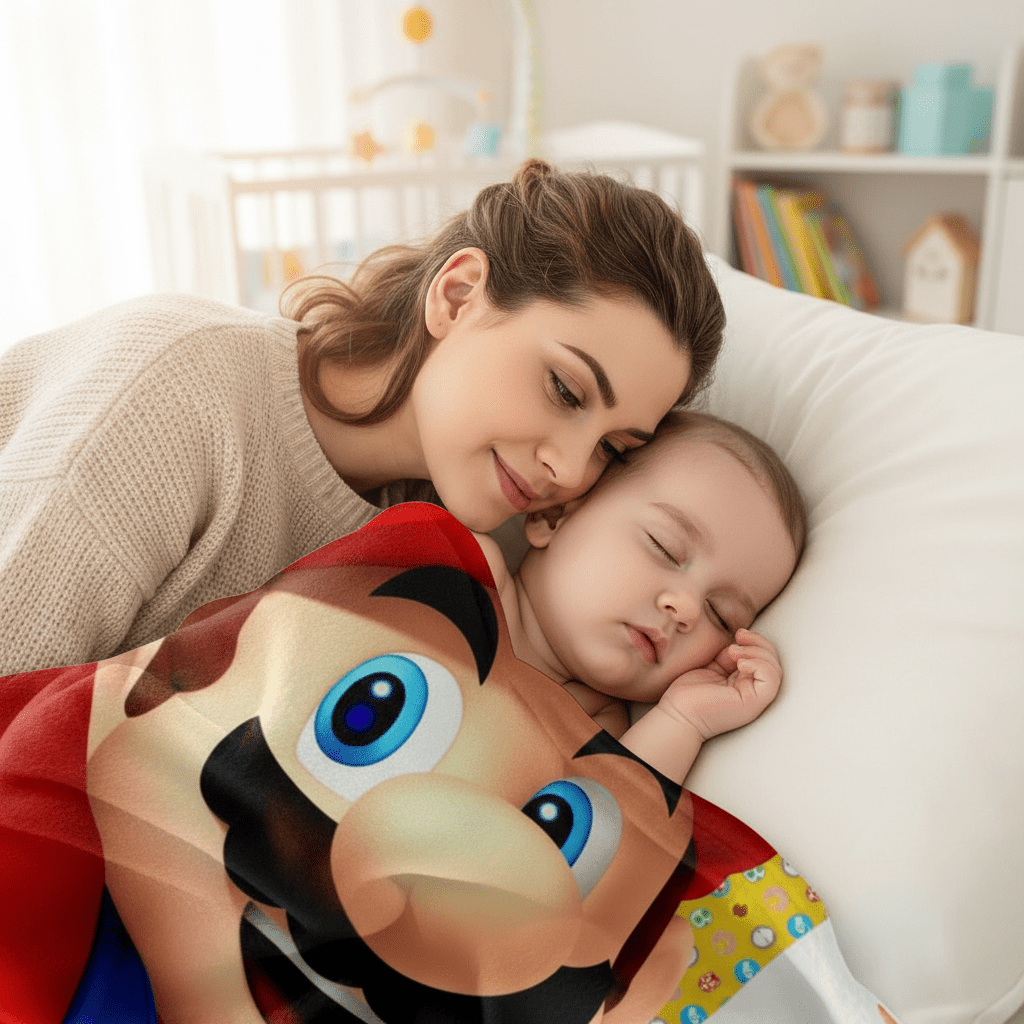 couverture Bébé et Maman regardant bébé endormi avec couverture Mario
