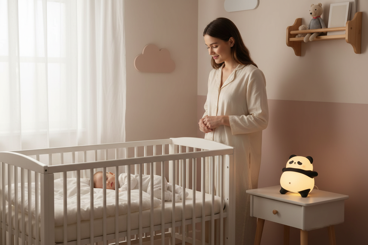 Maman regardant son bébé dormir avec veilleuse panda