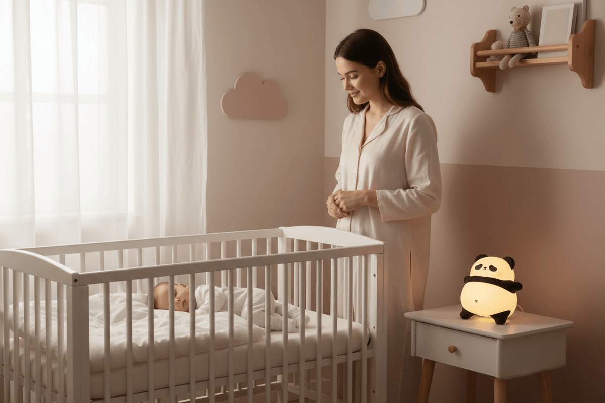 veilleuse bébé avec sa Maman regardant son bébé dormir avec veilleuse panda