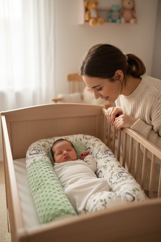 contour de lit de bébé Maman regarde bébé endormi dans réducteur chouette