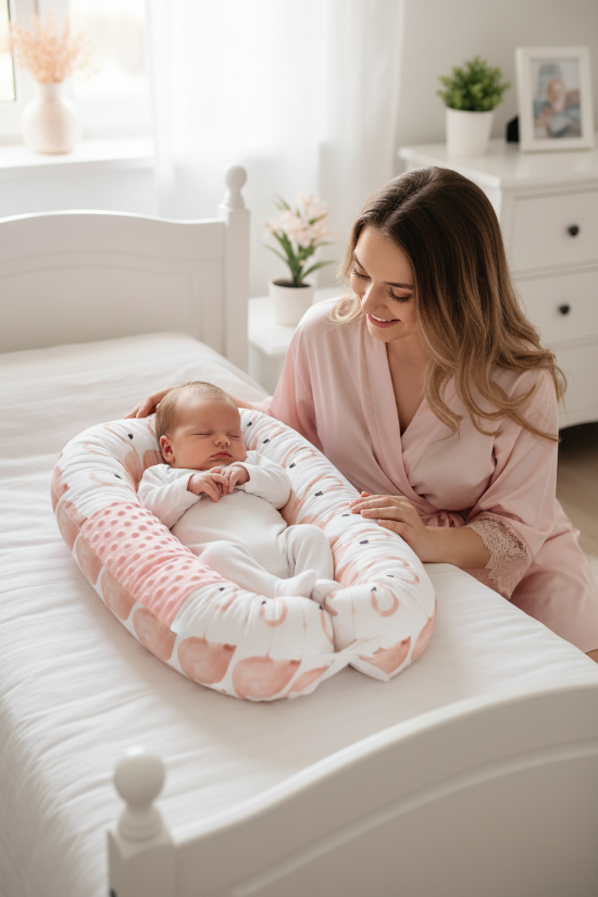 contour de lit de bébé
Maman regarde bébé endormi dans réducteur flamant
