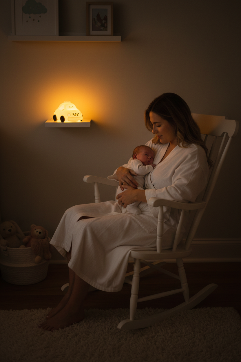 veilleuse douce et Maman robe blanche bébé bras veilleuse taxi nuit