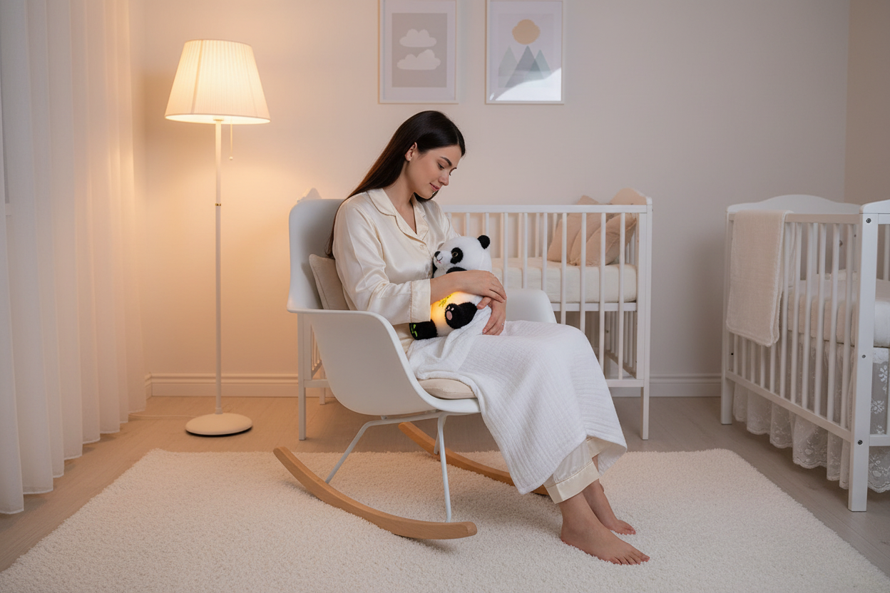 petit ourson Maman rocking chair bébé endormi panda